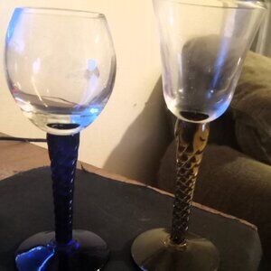 Lot Of 2 Small Wine / Cordial Glasses / Goblets W/ Colored & Scrolled Stems